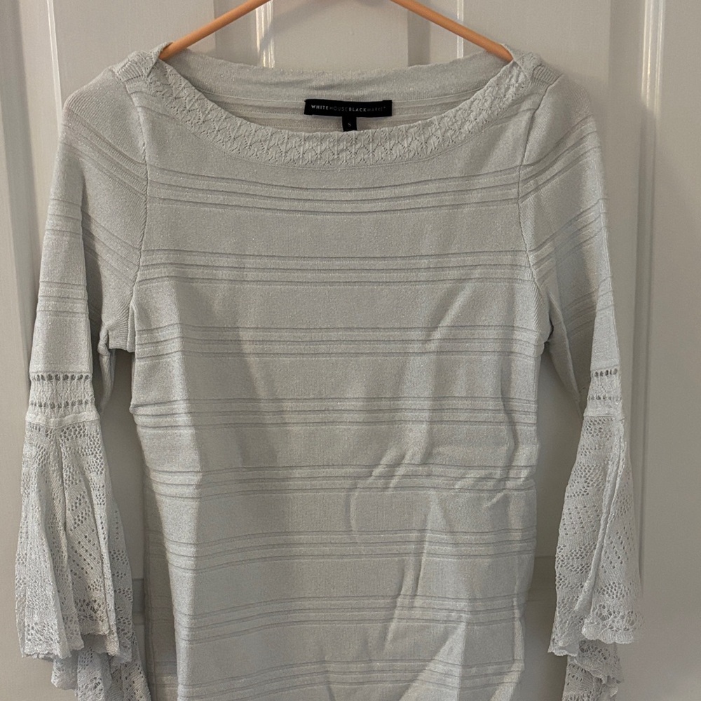 White House Black Market Light Gray/silver shimmer Lace Sleeve Blouse. Size S